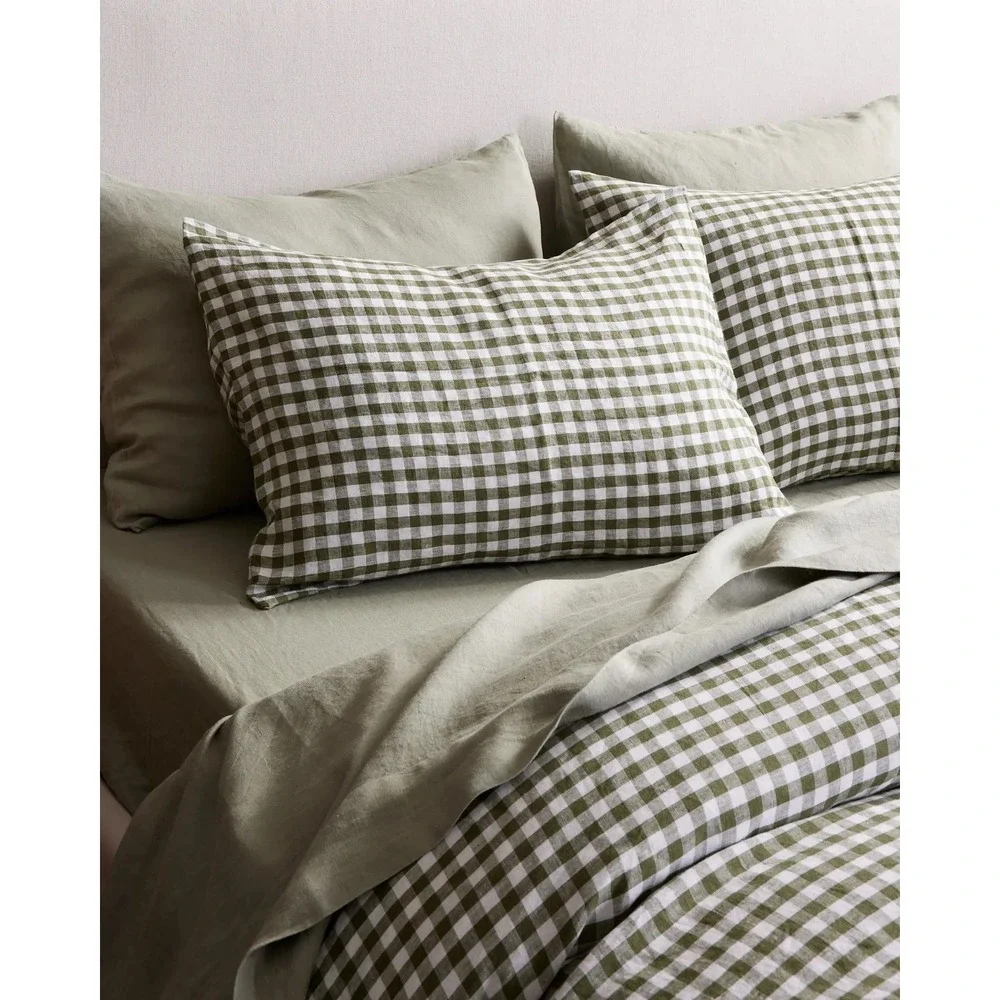Quince Organic Cotton Gingham Duvet Cover Set Size Full Queen Olive Green NEW